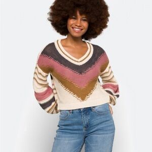 Cream and Pink V-Neck Sweater with Chevron Pattern